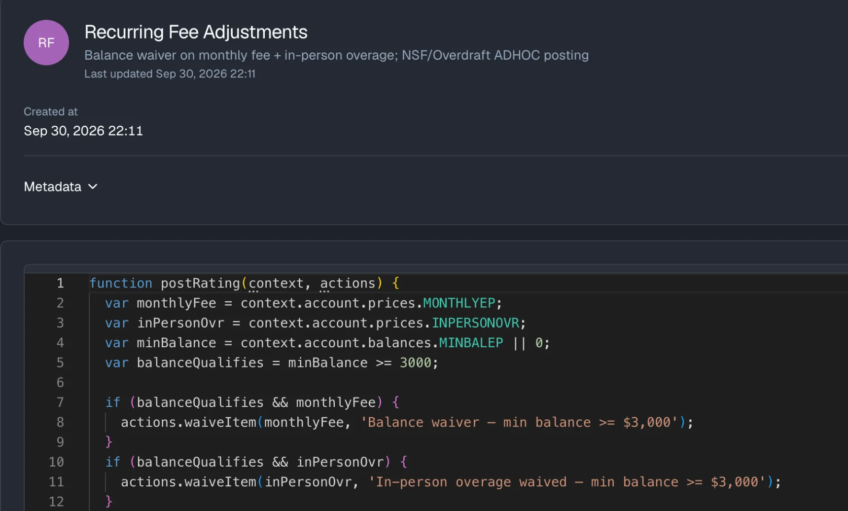 A price action rule in the Fincarna editor that waives the monthly fee and in-person overage when the minimum balance is $3,000 or more