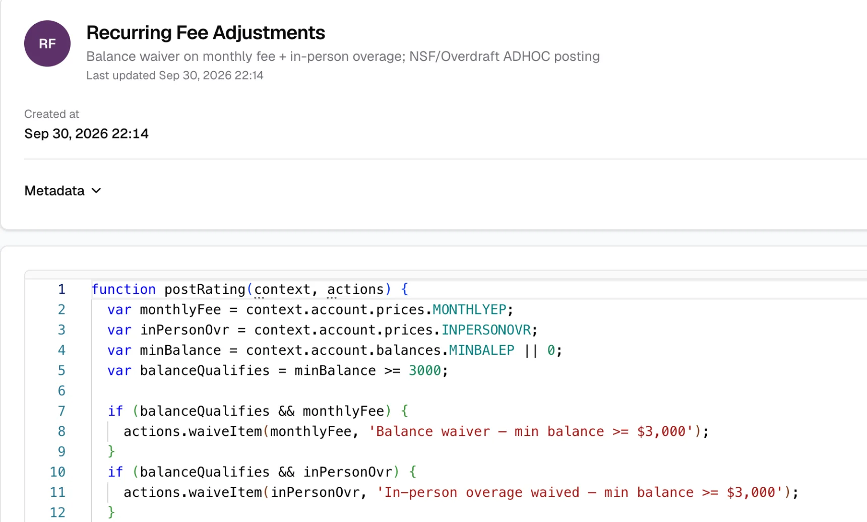 A price action rule in the Fincarna editor that waives the monthly fee and in-person overage when the minimum balance is $3,000 or more