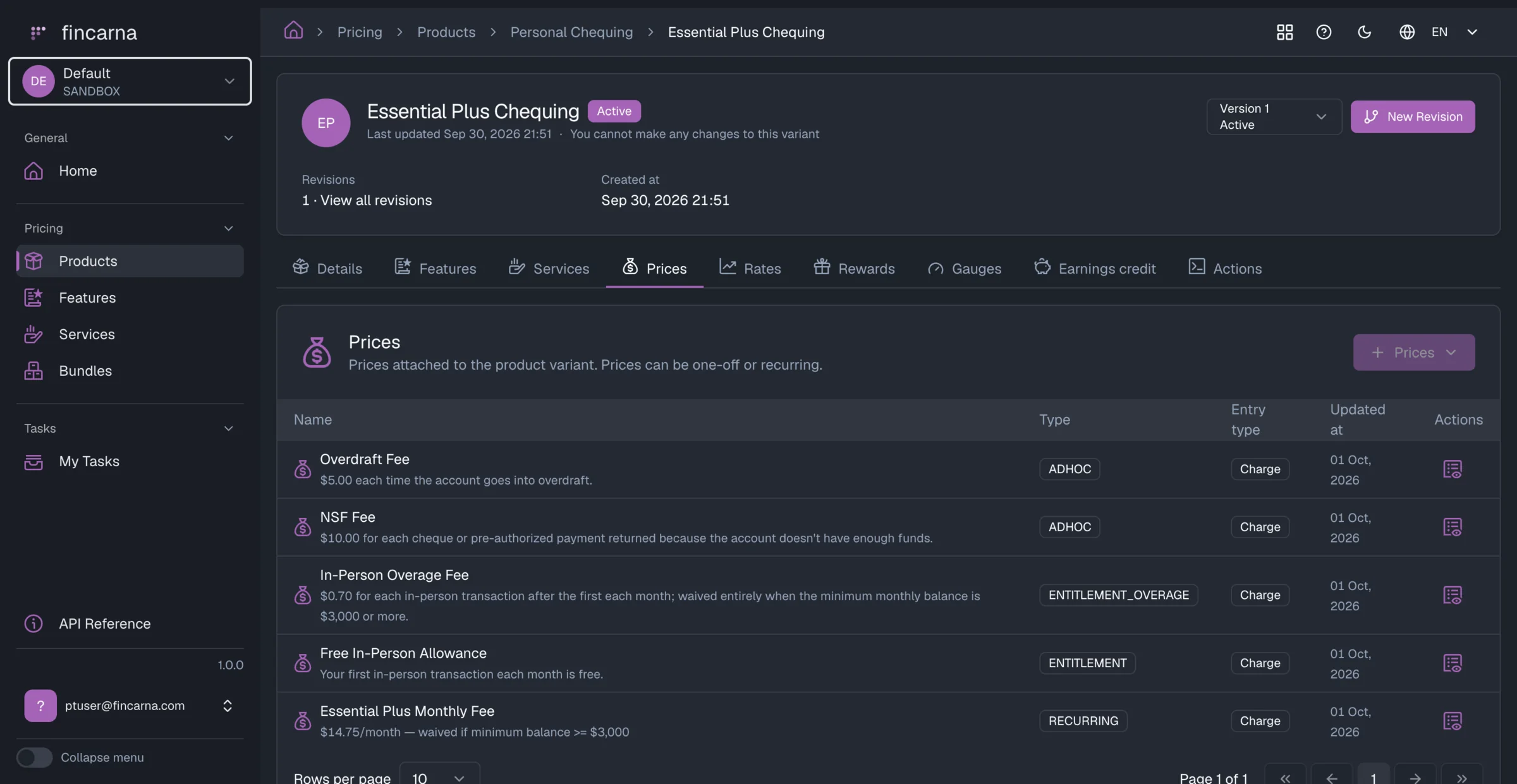 The Essential Plus Chequing variant in Fincarna, Active at Version 1 and locked against changes, with a New Revision button and its prices, including a monthly fee waived at a $3,000 minimum balance and a free in-person allowance